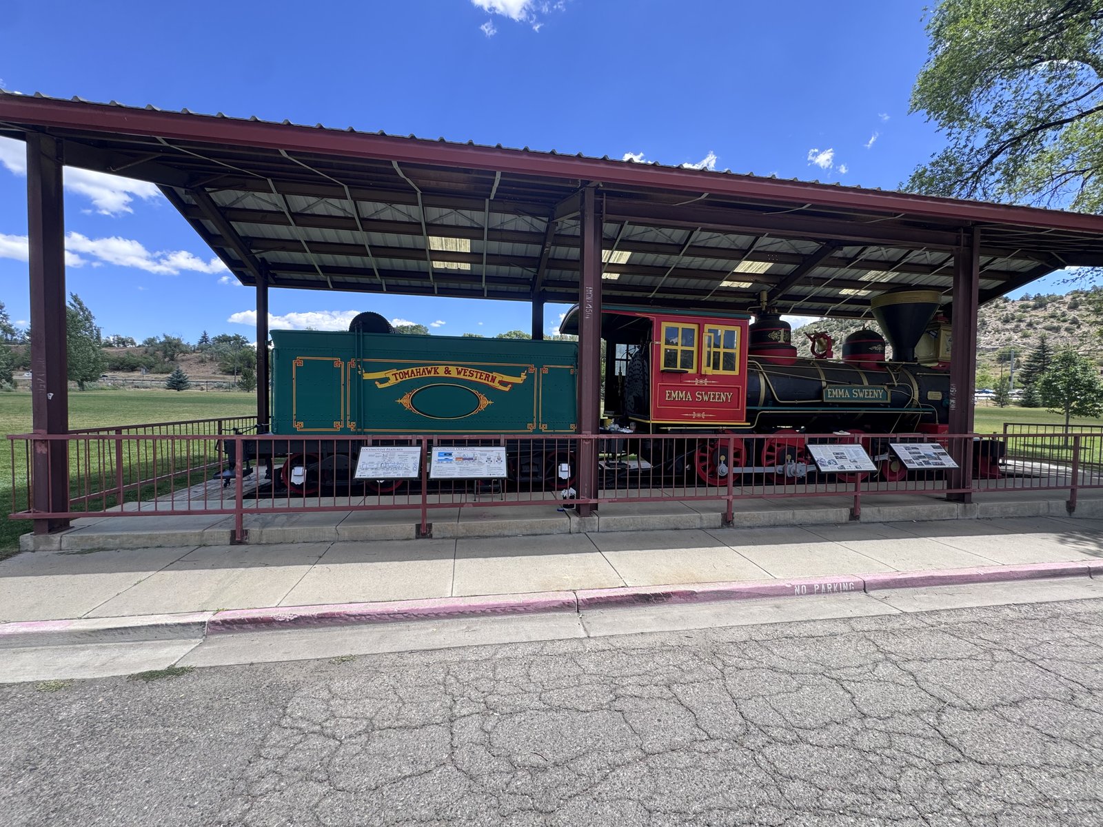 Completed train restoration — Tomahawk and Western tender and Emma Sweeny locomotive at Santa Rita Park